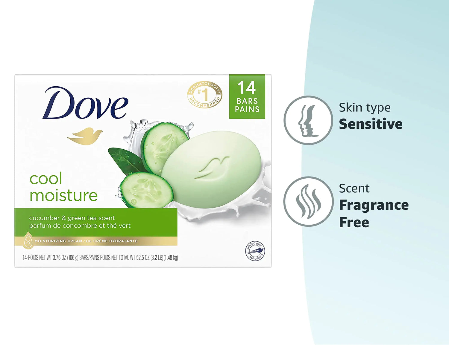 Dove Skin Care Beauty Bar For Softer Skin Cucumber and Green Tea More Moisturizing Than Bar Soap 3.75 oz, 14 Bars 3.75 Ounce (Pack of 14)