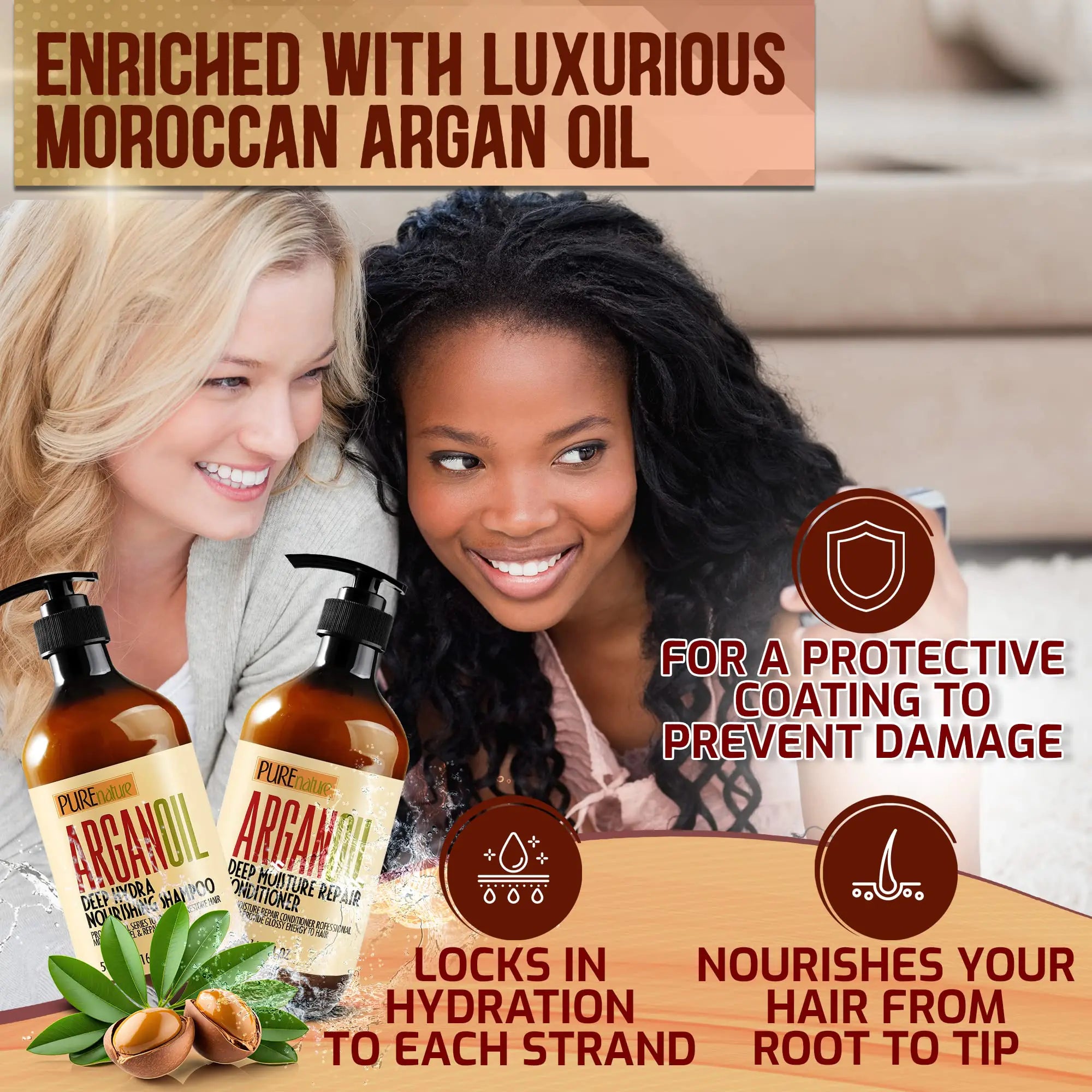 Argan Oil Shampoo and Conditioner Set - Sulfate Free Moroccan Care with Keratin - For Curly, Straight, Dry and Damaged Hair - Moisturizing, Hydrating, Anti Frizz Salon Technology