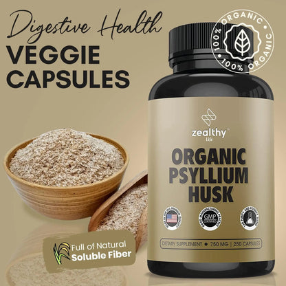 Psyllium Husk Capsules All Natural Fiber Supplement 750 mg 250 Capsules Vegan